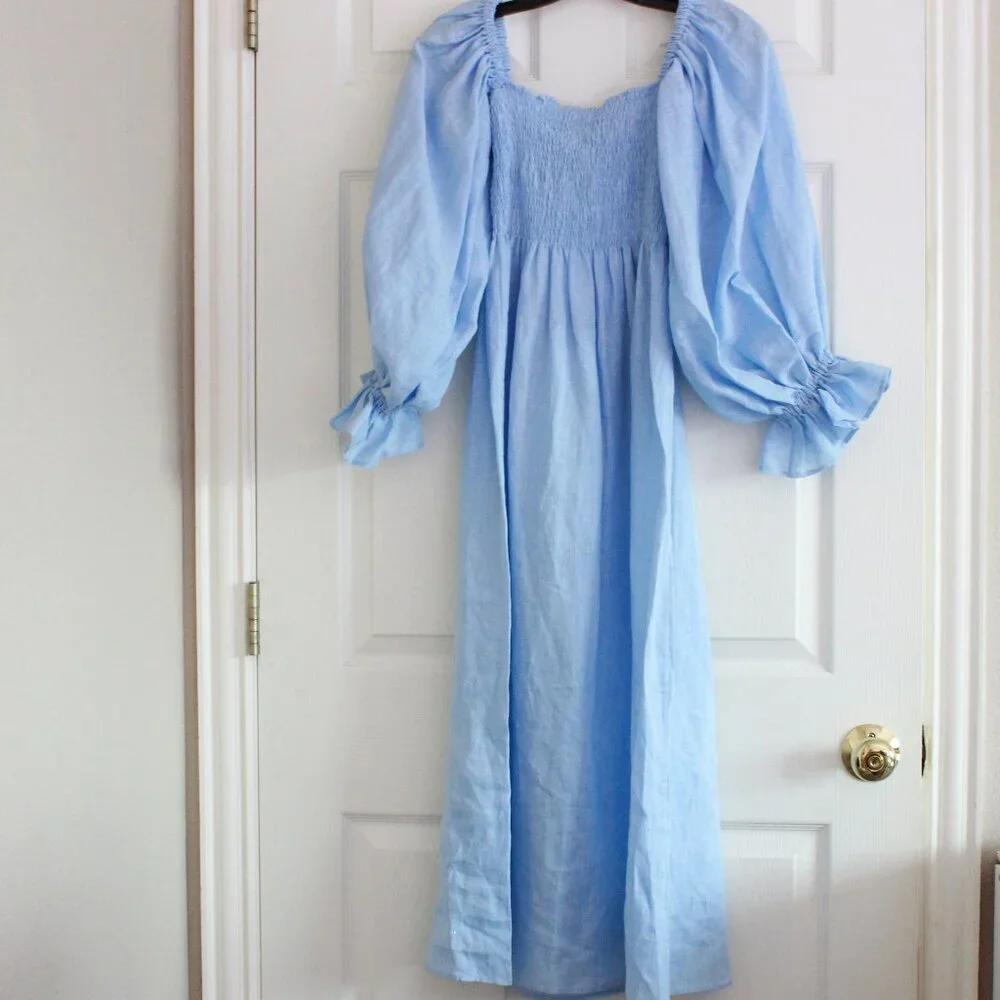 Sleeper Atlanta Midi Linen Dress in Light Blue Puff Sleeve Smocking - Picture 10 of 12